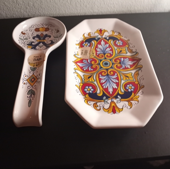 GORGEOUS Nova Deruta Made in Italy 6"x11" Platter & 11" Spoon Rest Set of 2. - Picture 7 of 8